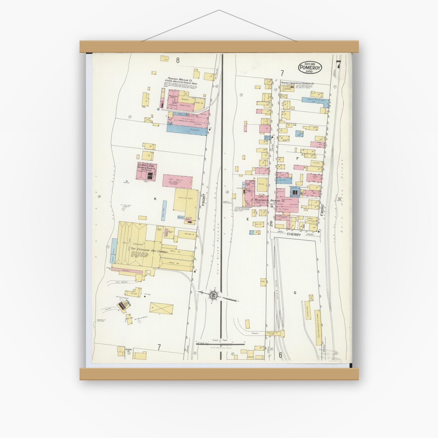 Old map wall art mockup — magnetic wood frame on white wall — Sanborn Fire Insurance Map from Pomeroy, Meigs County, Ohio (1916), Sheet #0007