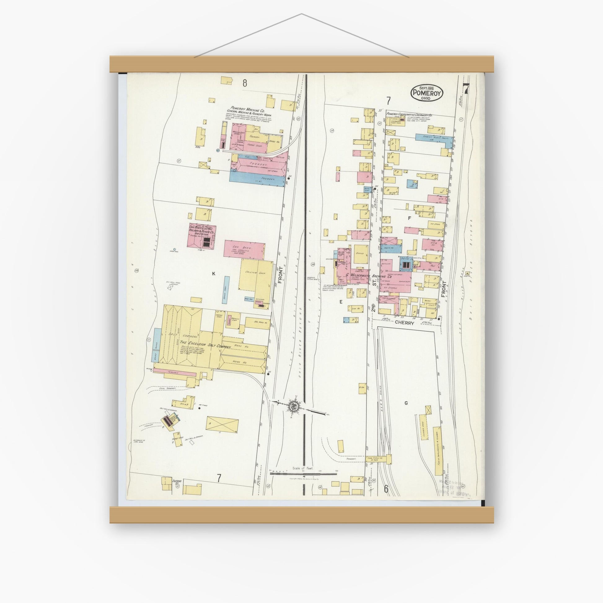 Old map wall art mockup — magnetic wood frame on white wall — Sanborn Fire Insurance Map from Pomeroy, Meigs County, Ohio (1916), Sheet #0007