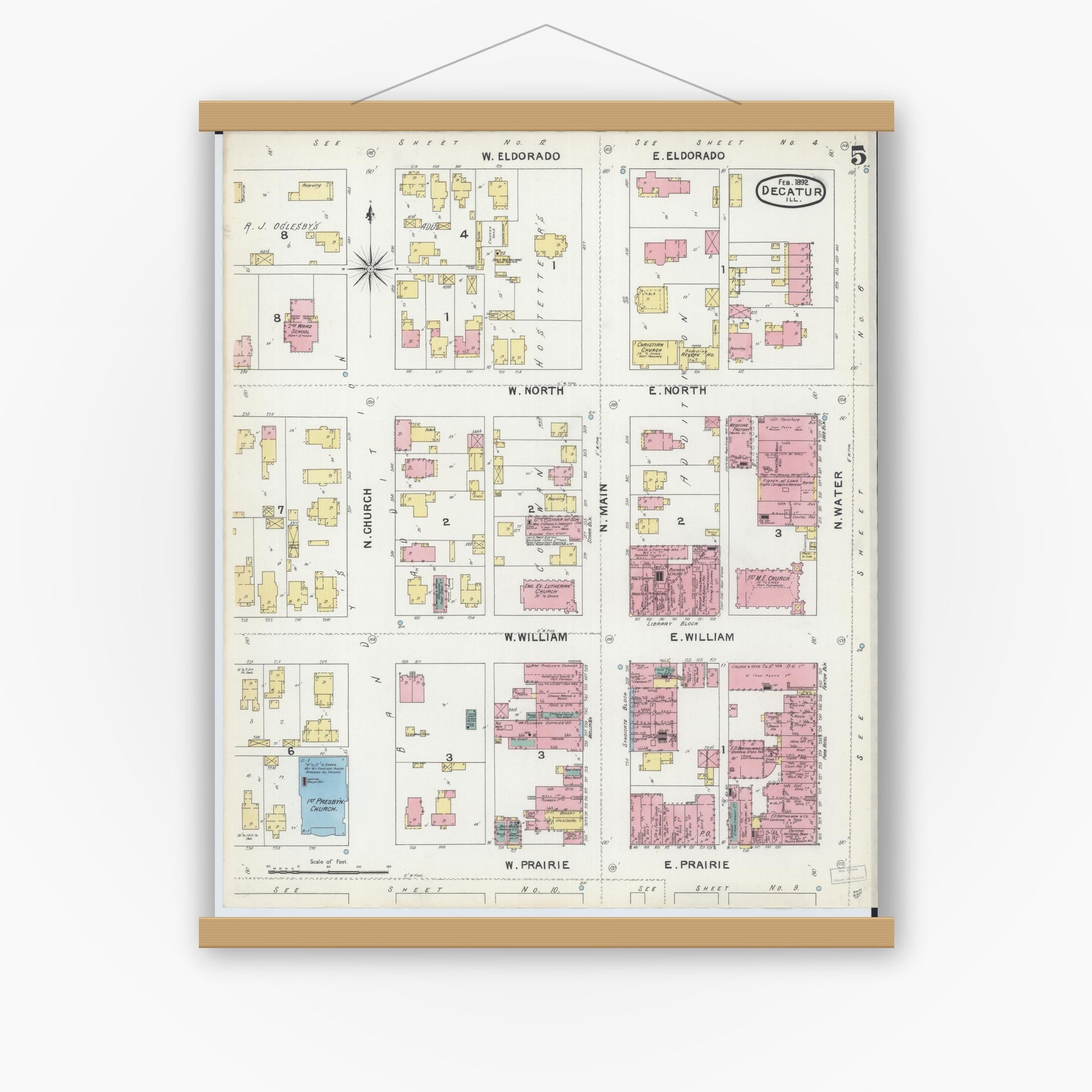 Old map wall art mockup — magnetic wood frame on white wall — Sanborn Fire Insurance Map from Decatur, Macon County, Illinois (1892), Sheet #0005