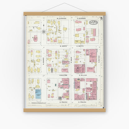 Old map wall art mockup — magnetic wood frame on white wall — Sanborn Fire Insurance Map from Decatur, Macon County, Illinois (1892), Sheet #0005
