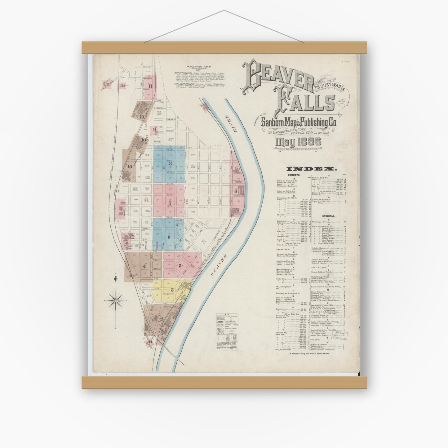 Old map wall art mockup — magnetic wood frame on white wall — Sanborn Fire Insurance Map from Beaver Falls, Beaver County, Pennsylvania (1886), Sheet #0001