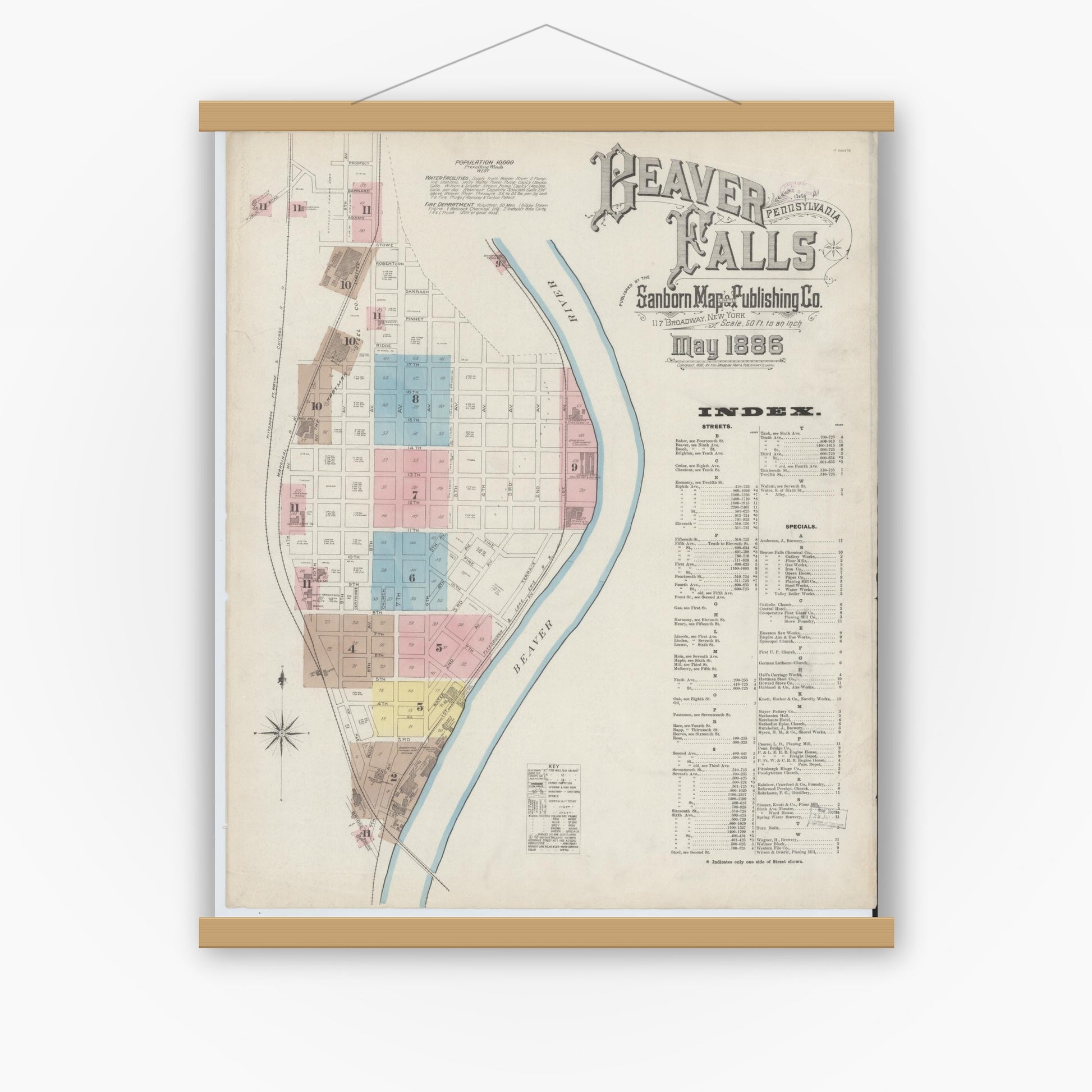 Old map wall art mockup — magnetic wood frame on white wall — Sanborn Fire Insurance Map from Beaver Falls, Beaver County, Pennsylvania (1886), Sheet #0001