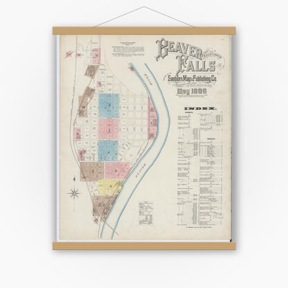 Old map wall art mockup — magnetic wood frame on white wall — Sanborn Fire Insurance Map from Beaver Falls, Beaver County, Pennsylvania (1886), Sheet #0001