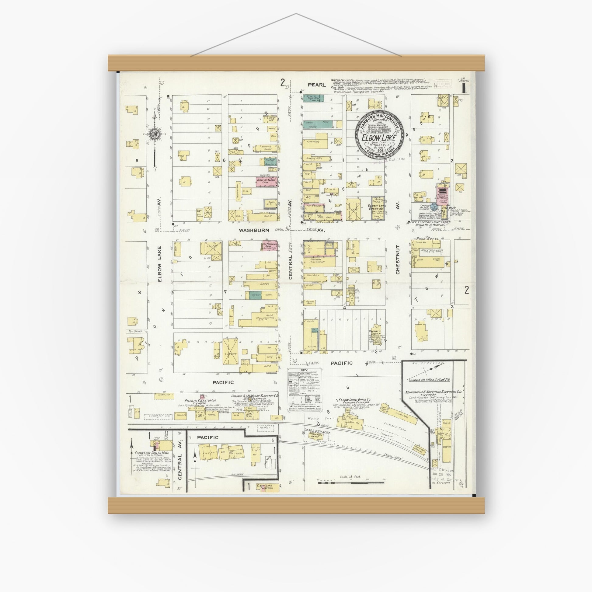 Old map wall art mockup — magnetic wood frame on white wall — Sanborn Fire Insurance Map from Elbow Lake, Grant County, Minnesota (1909) - Complete Map Set