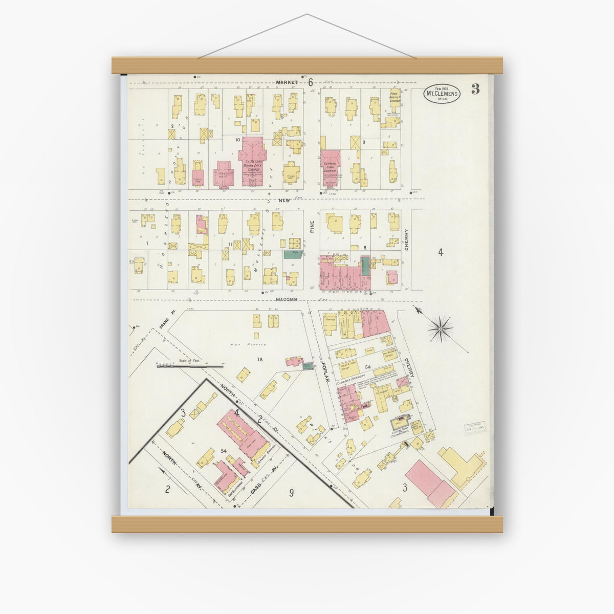 Old map wall art mockup — magnetic wood frame on white wall — Sanborn Fire Insurance Map from Mount Clemens, Macomb County, Michigan (1903), Sheet #0003