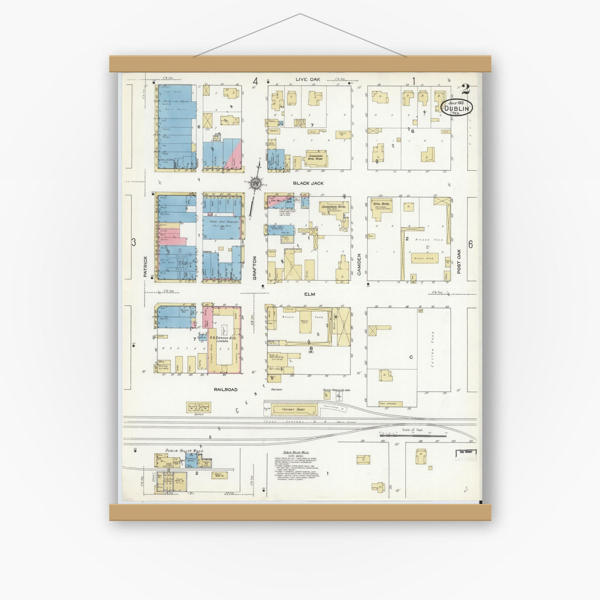 Old map wall art mockup — magnetic wood frame on white wall — Sanborn Fire Insurance Map from Dublin, Erath County, Texas (1912), Sheet #0002