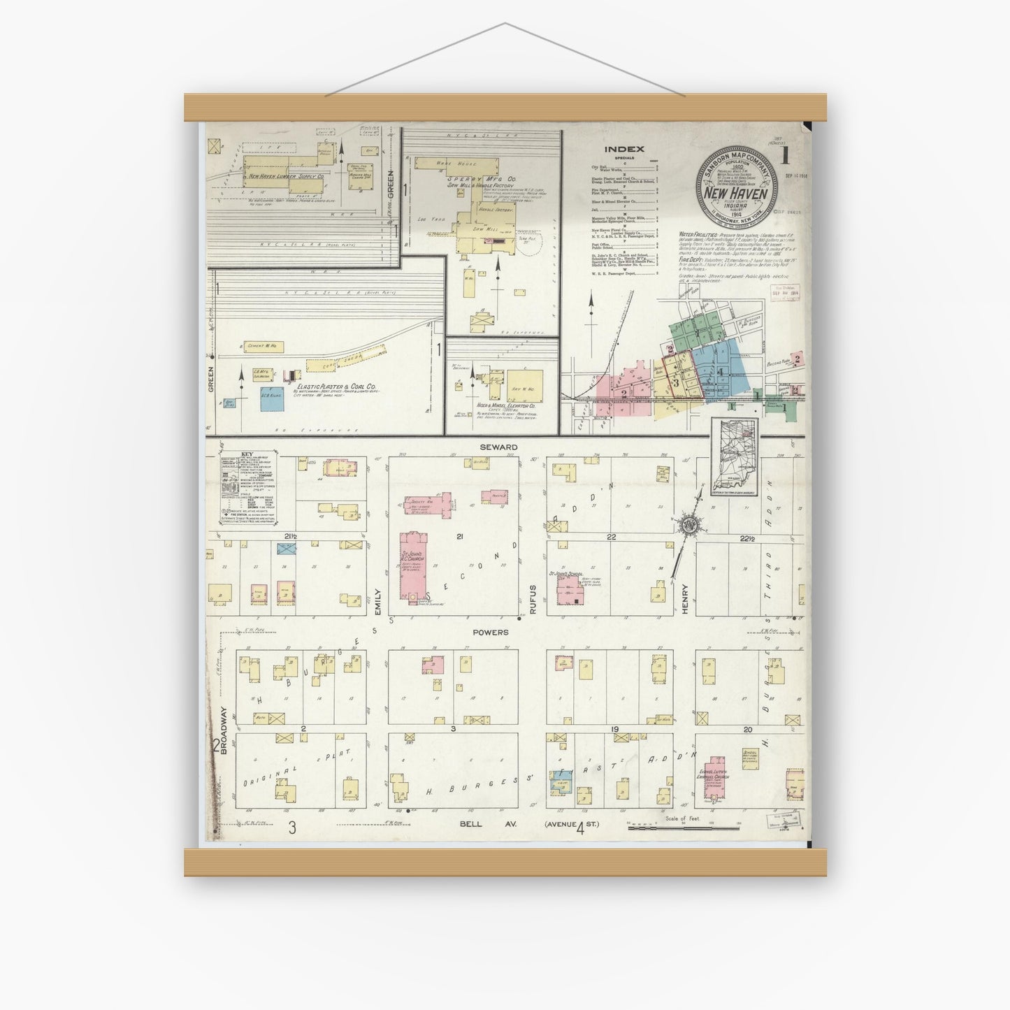 Old map wall art mockup — magnetic wood frame on white wall — Sanborn Fire Insurance Map from New Haven, Allen County, Indiana (1914) - Complete Map Set