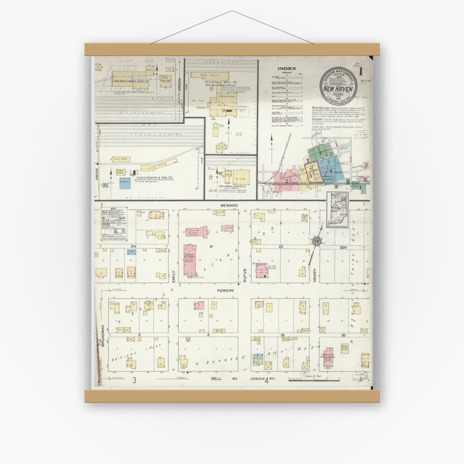 Old map wall art mockup — magnetic wood frame on white wall — Sanborn Fire Insurance Map from New Haven, Allen County, Indiana (1914) - Complete Map Set