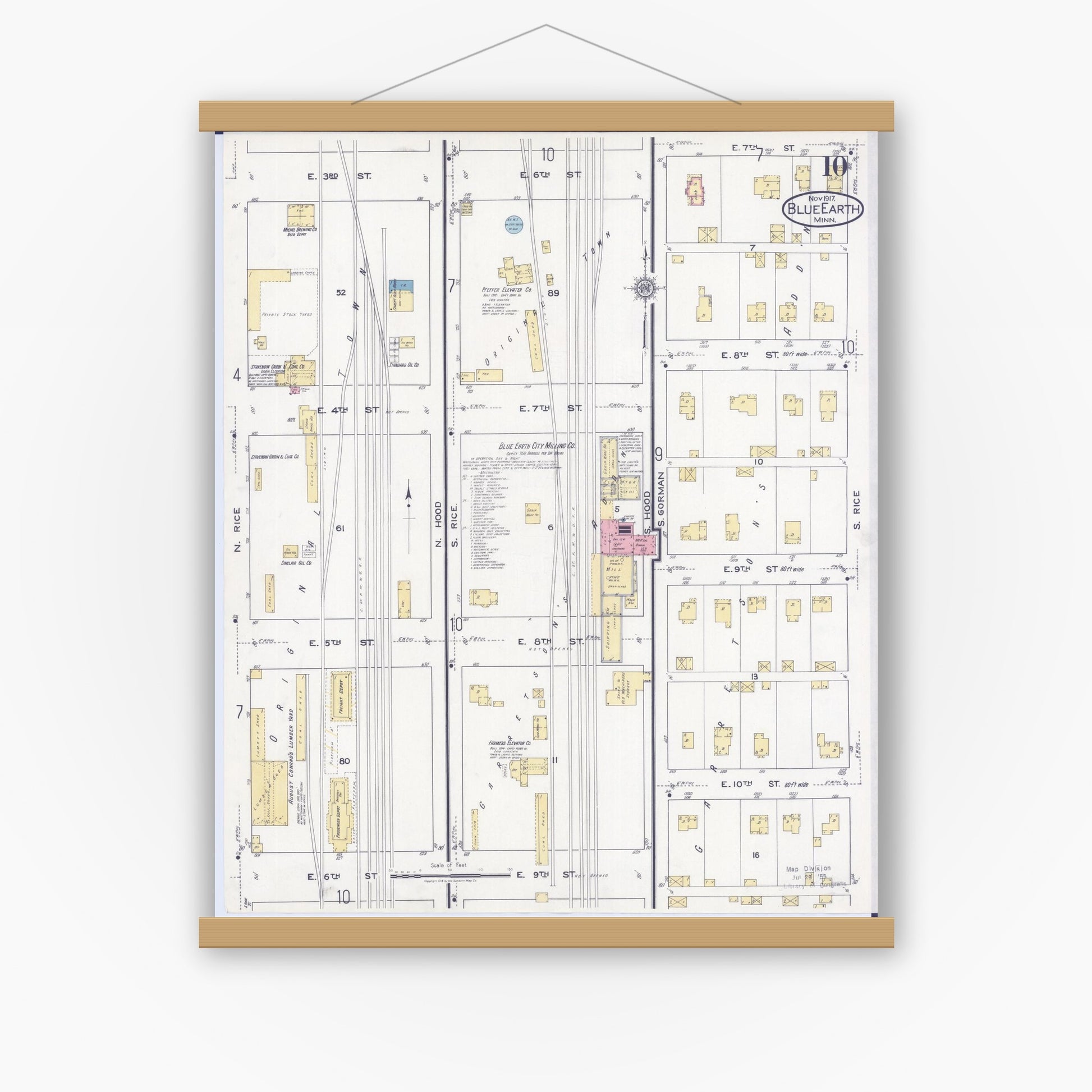 Old map wall art mockup — magnetic wood frame on white wall — Sanborn Fire Insurance Map from Blue Earth, Faribault County, Minnesota (1917), Sheet #0010