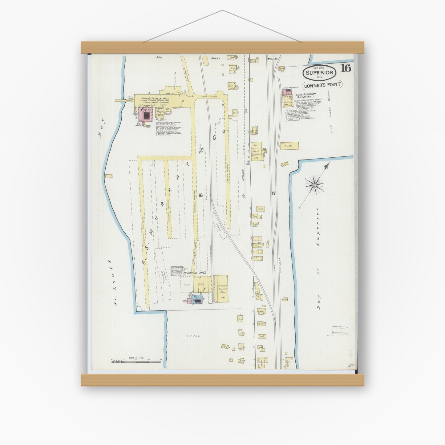 Old map wall art mockup — magnetic wood frame on white wall — Sanborn Fire Insurance Map from Superior, Douglas County, Wisconsin (1889), Sheet #0016