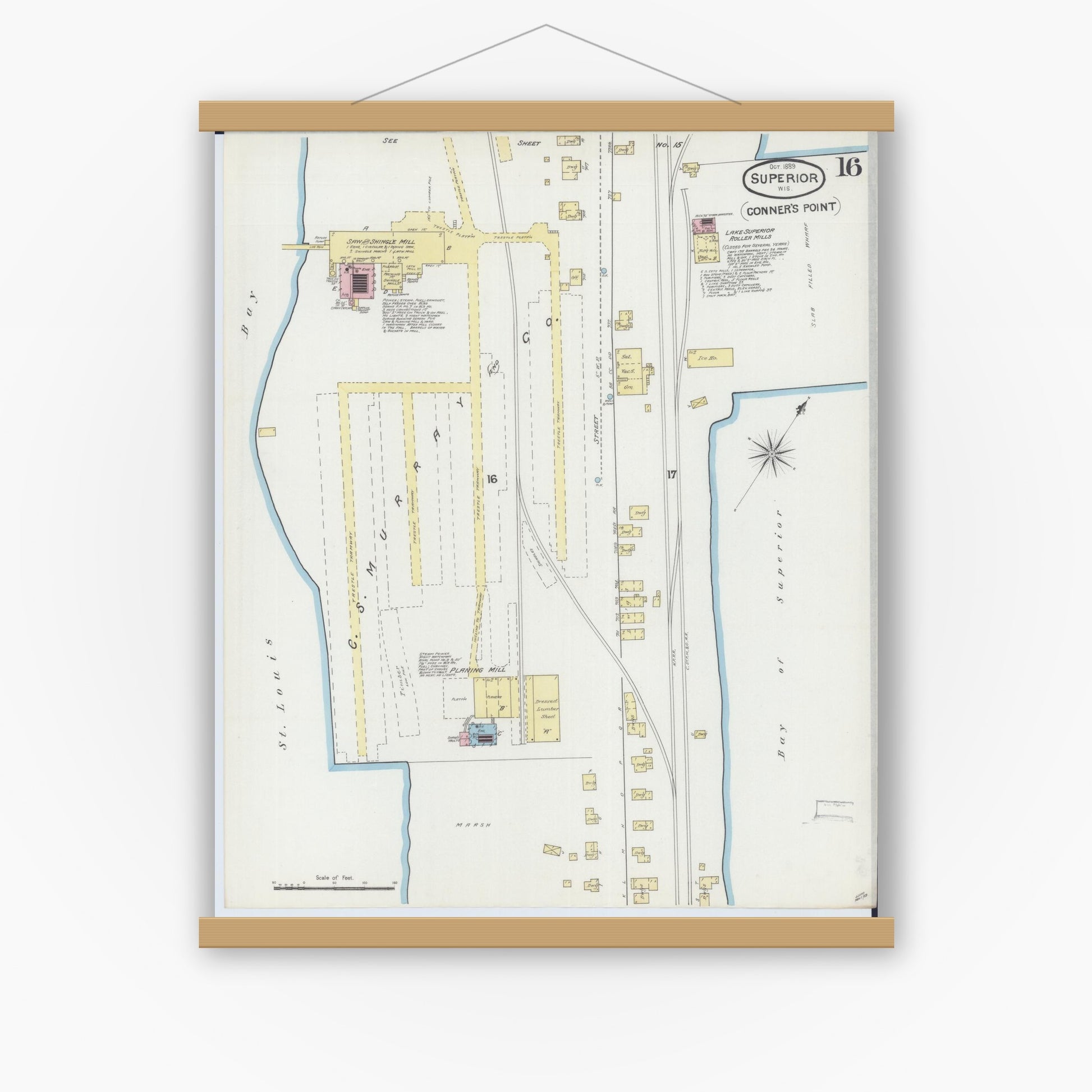 Old map wall art mockup — magnetic wood frame on white wall — Sanborn Fire Insurance Map from Superior, Douglas County, Wisconsin (1889), Sheet #0016