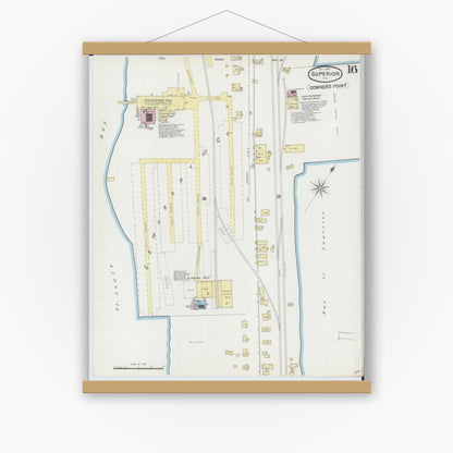 Old map wall art mockup — magnetic wood frame on white wall — Sanborn Fire Insurance Map from Superior, Douglas County, Wisconsin (1889), Sheet #0016