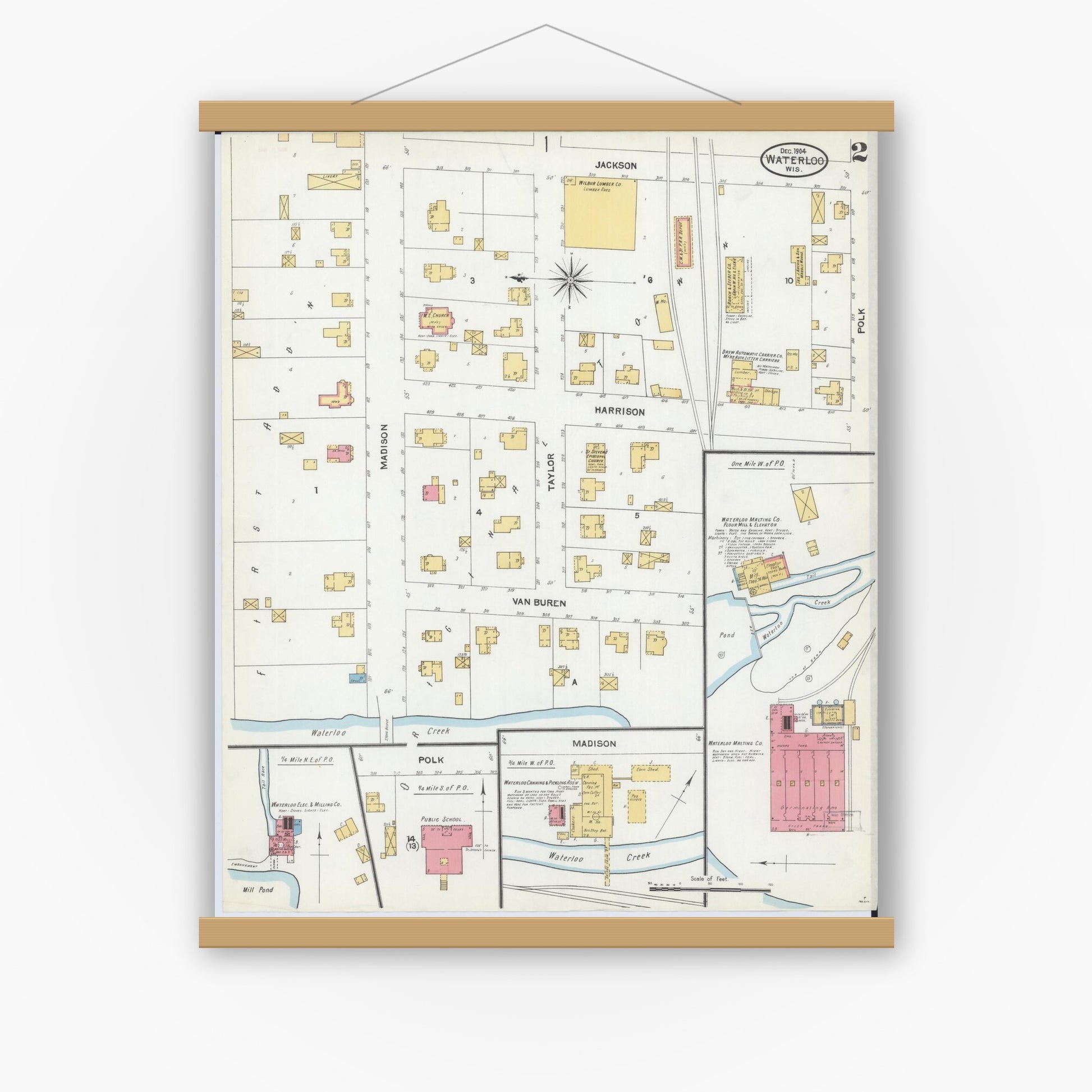 Old map wall art mockup — magnetic wood frame on white wall — Sanborn Fire Insurance Map from Waterloo, Jefferson County, Wisconsin (1904), Sheet #0002