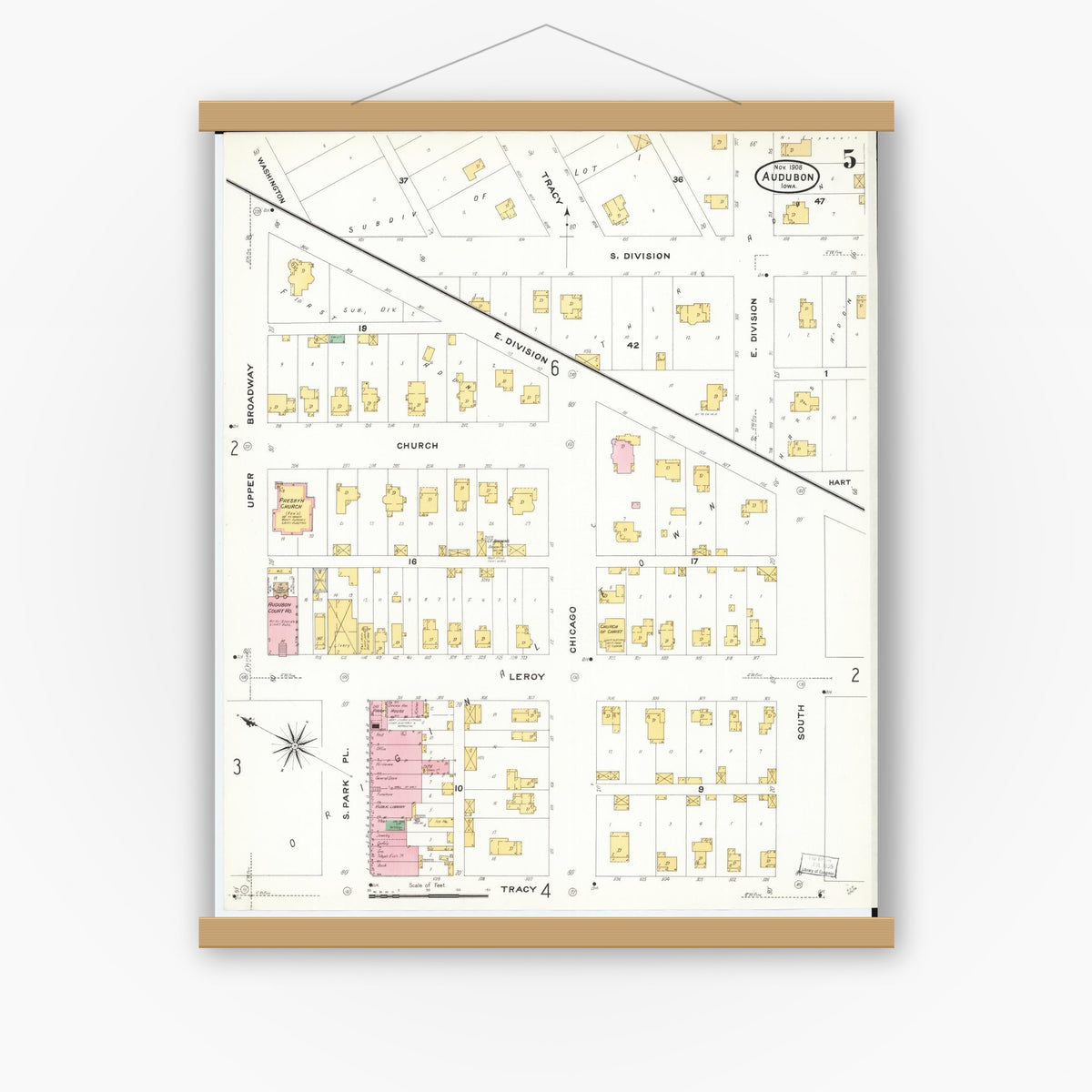 Old map wall art mockup — magnetic wood frame on white wall — Sanborn Fire Insurance Map from Audubon, Audubon County, Iowa (1908), Sheet #0005