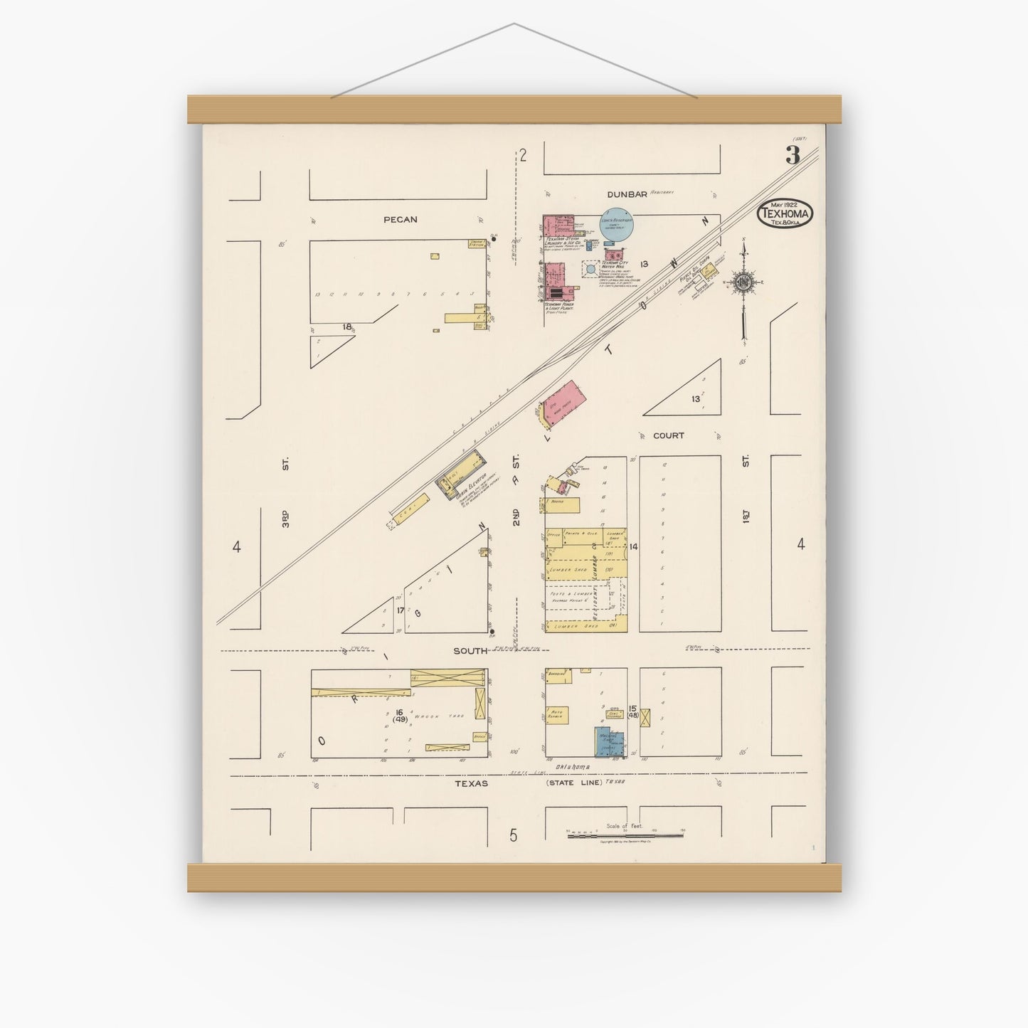 Old map wall art mockup — magnetic wood frame on white wall — Sanborn Fire Insurance Map from Texhoma, Texas County, Oklahoma and Sherman County, Texas, Texas (1922), Sheet #0003