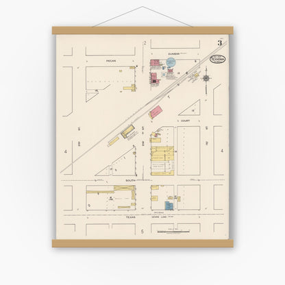 Old map wall art mockup — magnetic wood frame on white wall — Sanborn Fire Insurance Map from Texhoma, Texas County, Oklahoma and Sherman County, Texas, Texas (1922), Sheet #0003