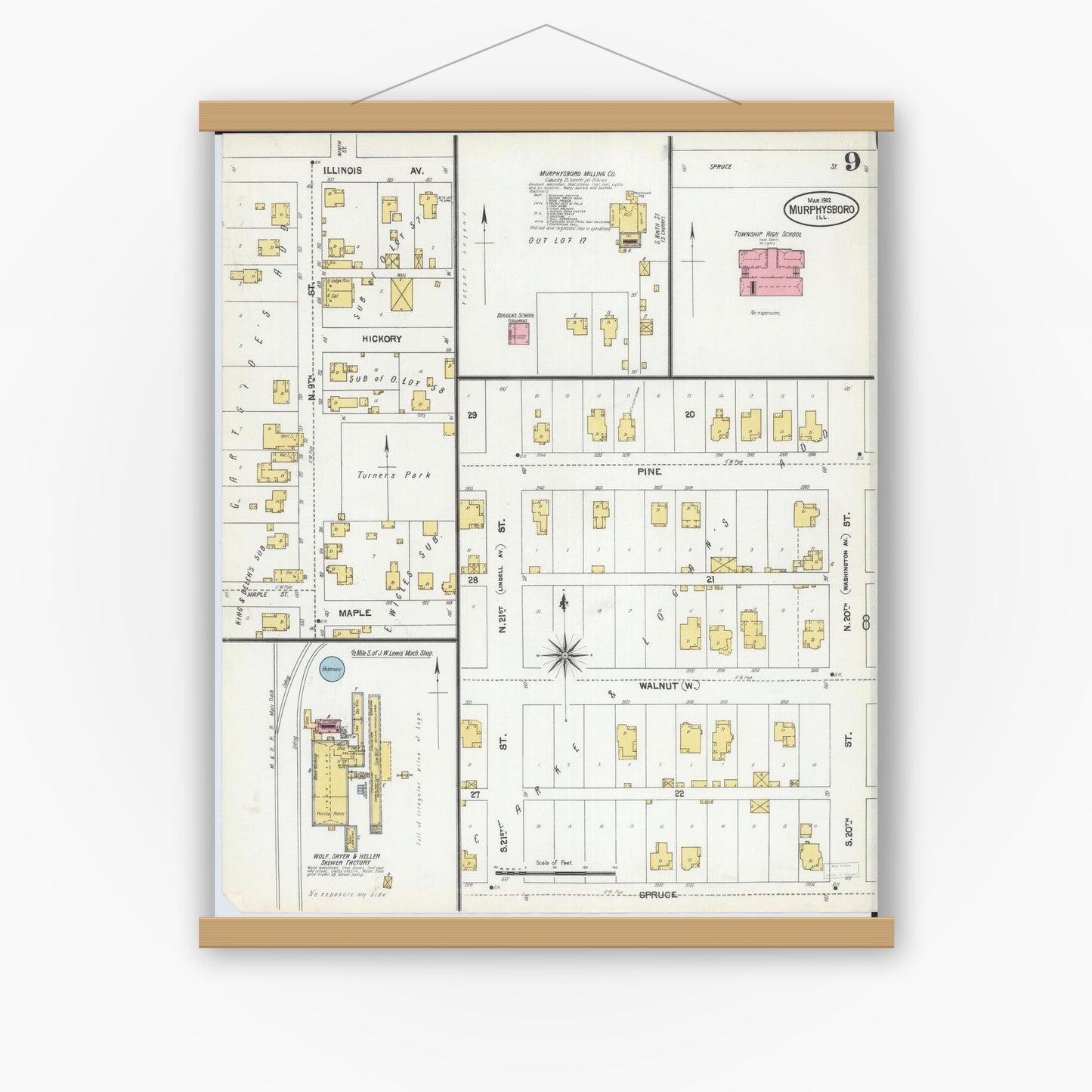 Old map wall art mockup — magnetic wood frame on white wall — Sanborn Fire Insurance Map from Murphysboro, Jackson County, Illinois (1902), Sheet #0009