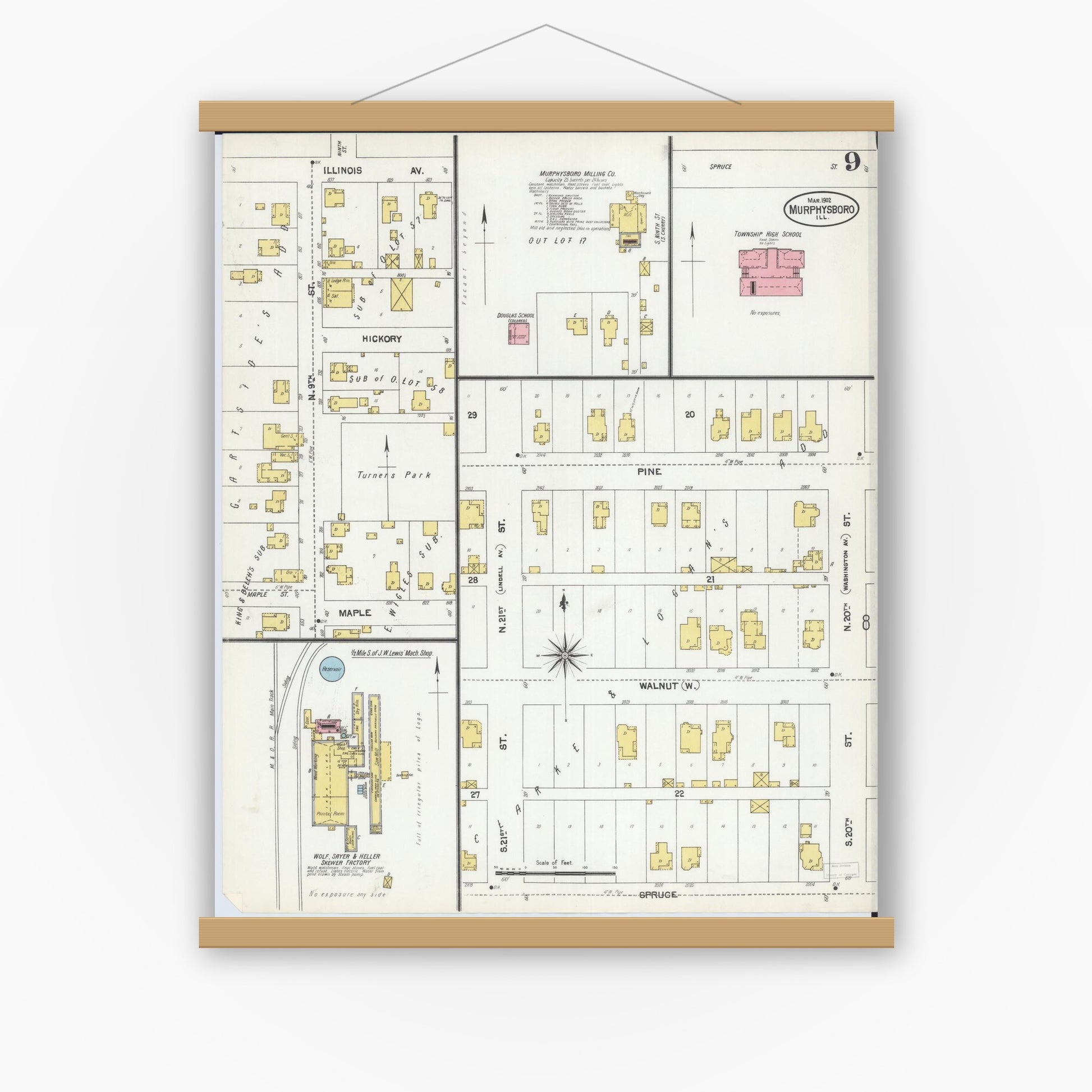 Old map wall art mockup — magnetic wood frame on white wall — Sanborn Fire Insurance Map from Murphysboro, Jackson County, Illinois (1902), Sheet #0009