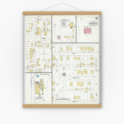 Old map wall art mockup — magnetic wood frame on white wall — Sanborn Fire Insurance Map from Murphysboro, Jackson County, Illinois (1902), Sheet #0009