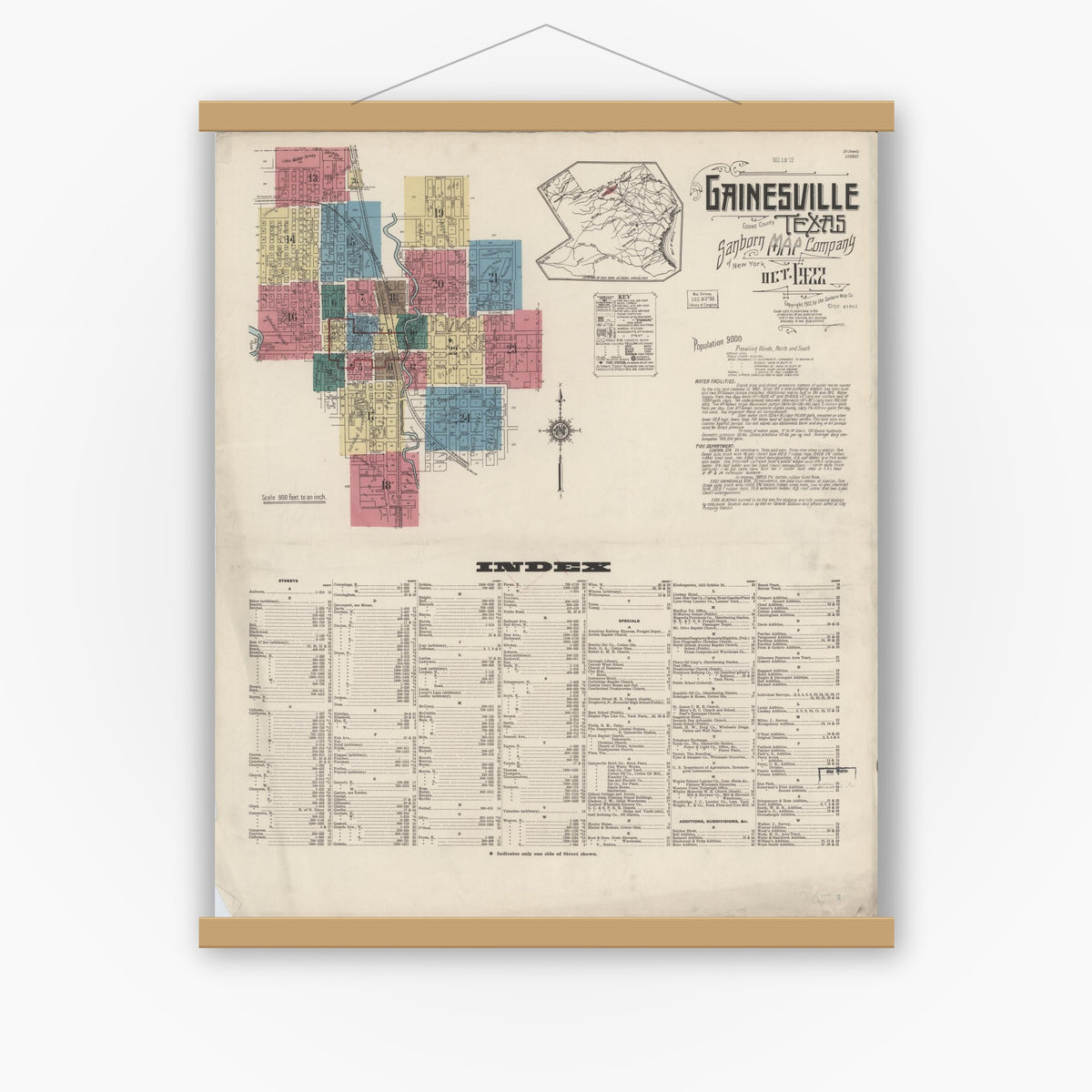 Old map wall art mockup — magnetic wood frame on white wall — Sanborn Fire Insurance Map from Gainesville, Cooke County, Texas (1922) - Complete Map Set