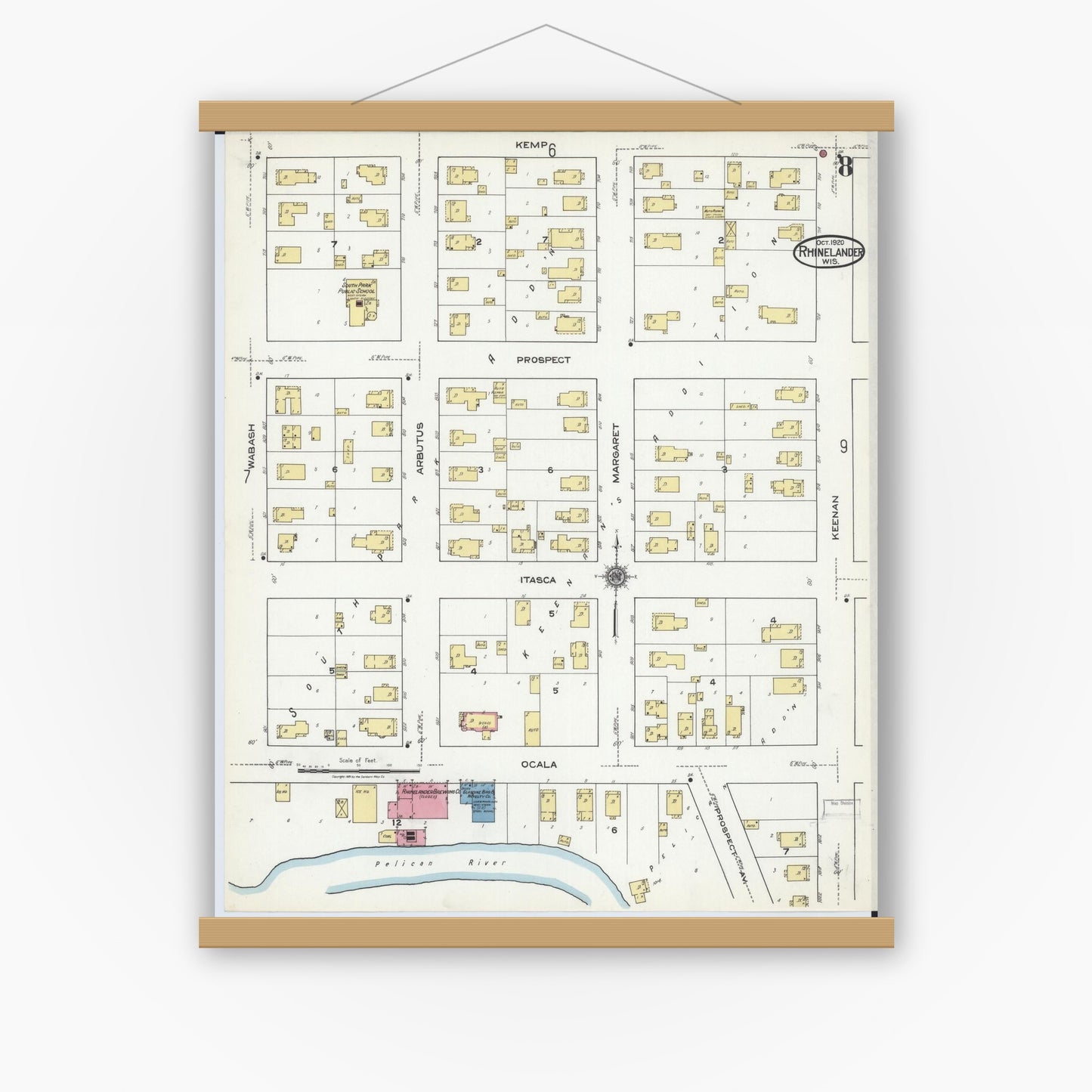 Old map wall art mockup — magnetic wood frame on white wall — Sanborn Fire Insurance Map from Rhinelander, Oneida County, Wisconsin (1920), Sheet #0008