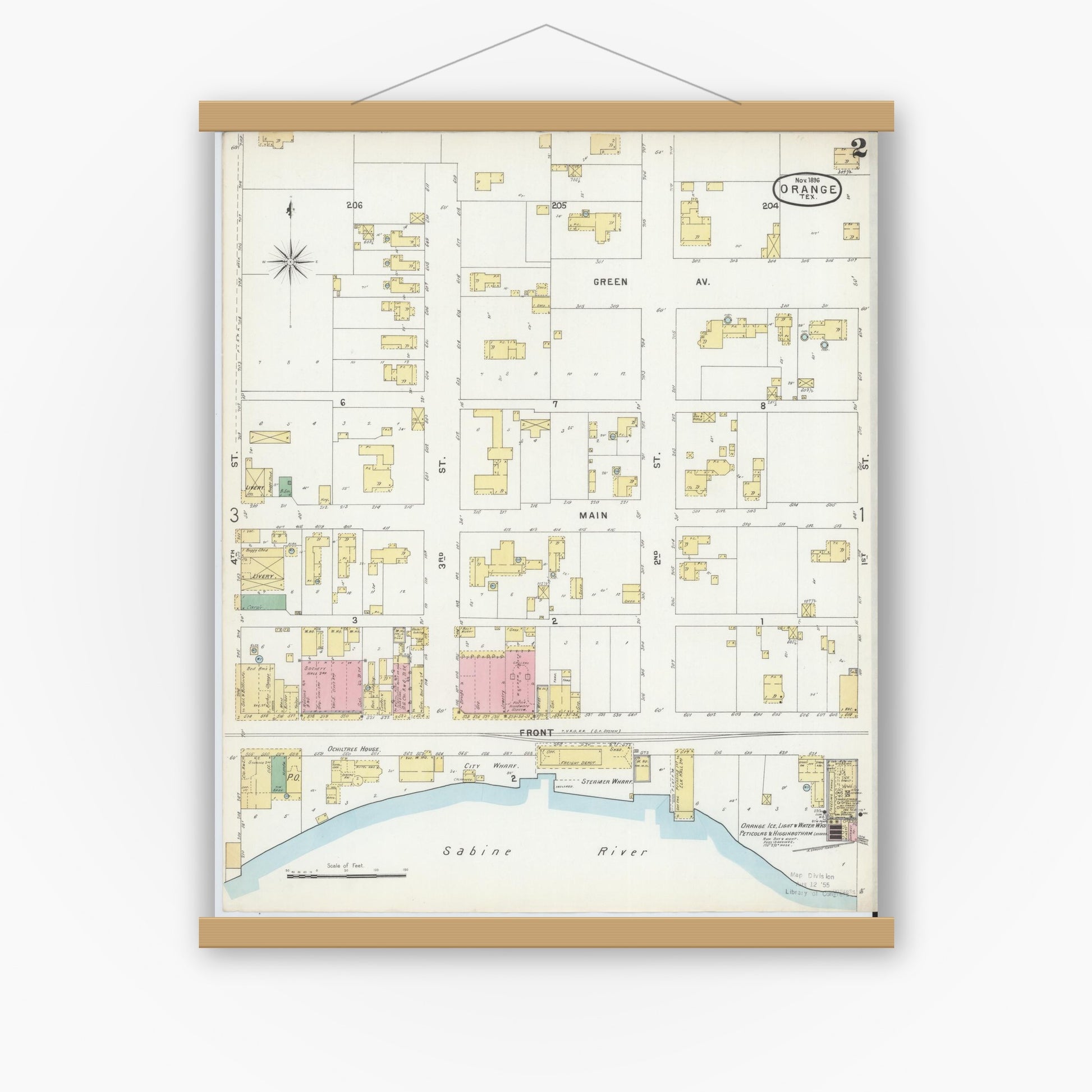 Old map wall art mockup — magnetic wood frame on white wall — Sanborn Fire Insurance Map from Orange, Orange County, Texas (1896), Sheet #0002