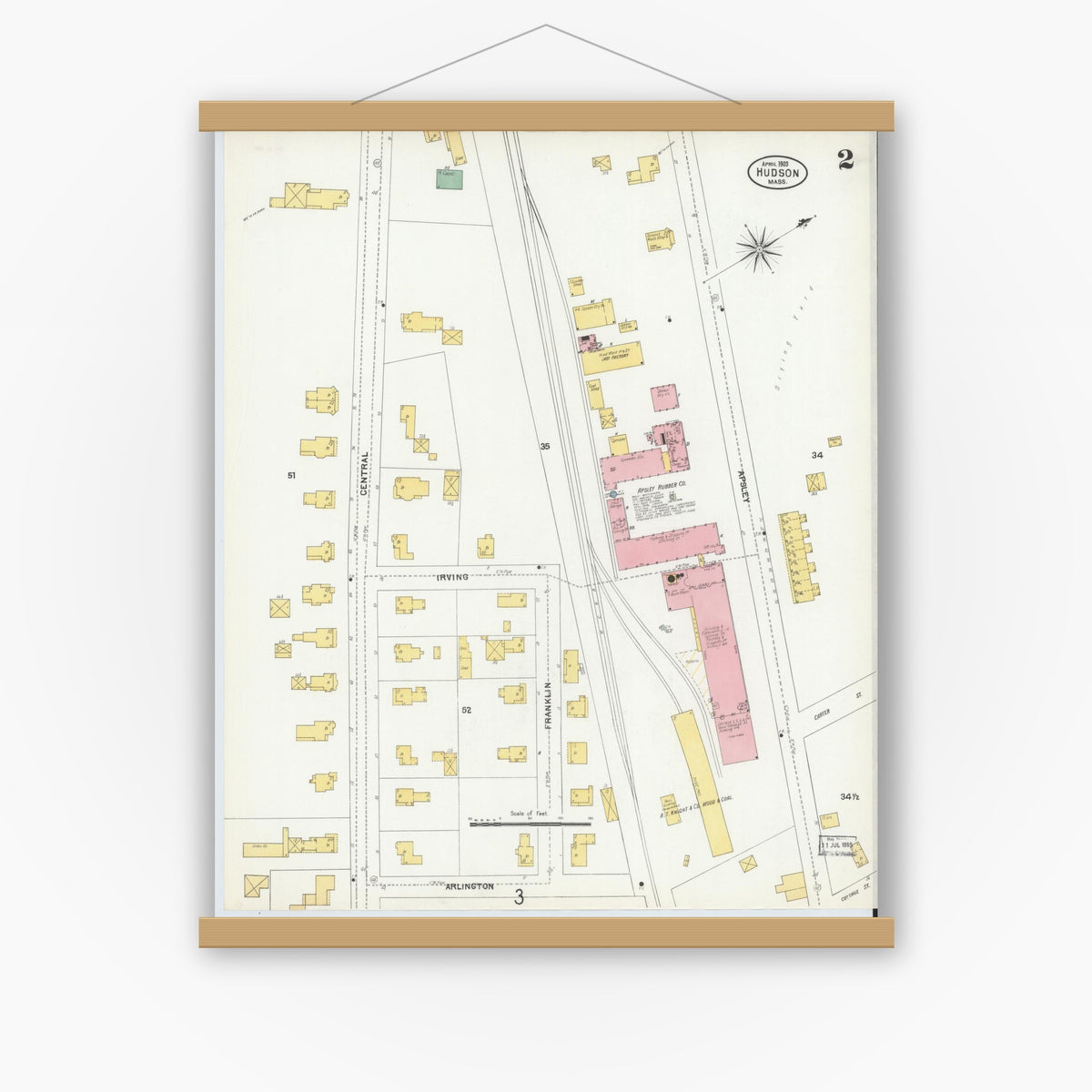 Old map wall art mockup — magnetic wood frame on white wall — Sanborn Fire Insurance Map from Hudson, Middlesex County, Massachusetts (1903), Sheet #0002