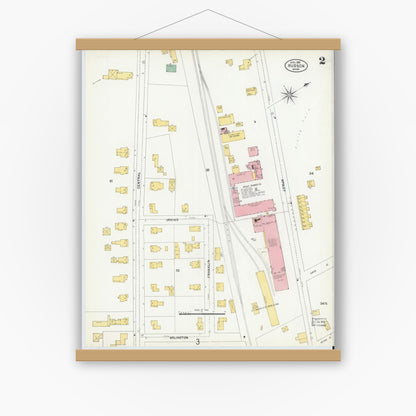 Old map wall art mockup — magnetic wood frame on white wall — Sanborn Fire Insurance Map from Hudson, Middlesex County, Massachusetts (1903), Sheet #0002