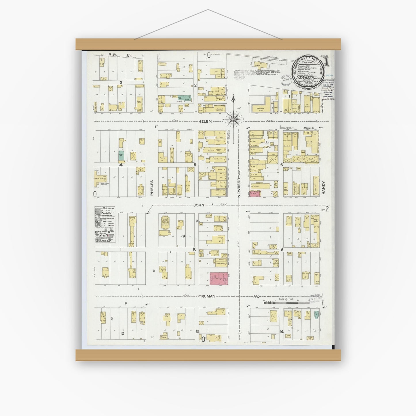 Old map wall art mockup — magnetic wood frame on white wall — Sanborn Fire Insurance Map from Newberry, Luce County, Michigan (1900), Sheet #0001