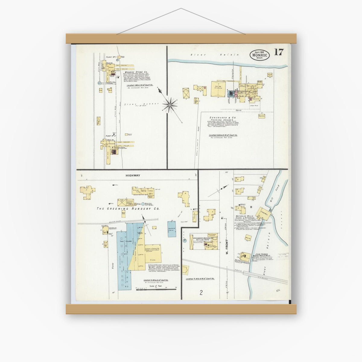 Old map wall art mockup — magnetic wood frame on white wall — Sanborn Fire Insurance Map from Monroe, Monroe County, Michigan (1908), Sheet #0017