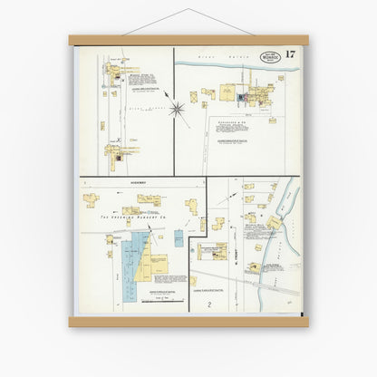 Old map wall art mockup — magnetic wood frame on white wall — Sanborn Fire Insurance Map from Monroe, Monroe County, Michigan (1908), Sheet #0017