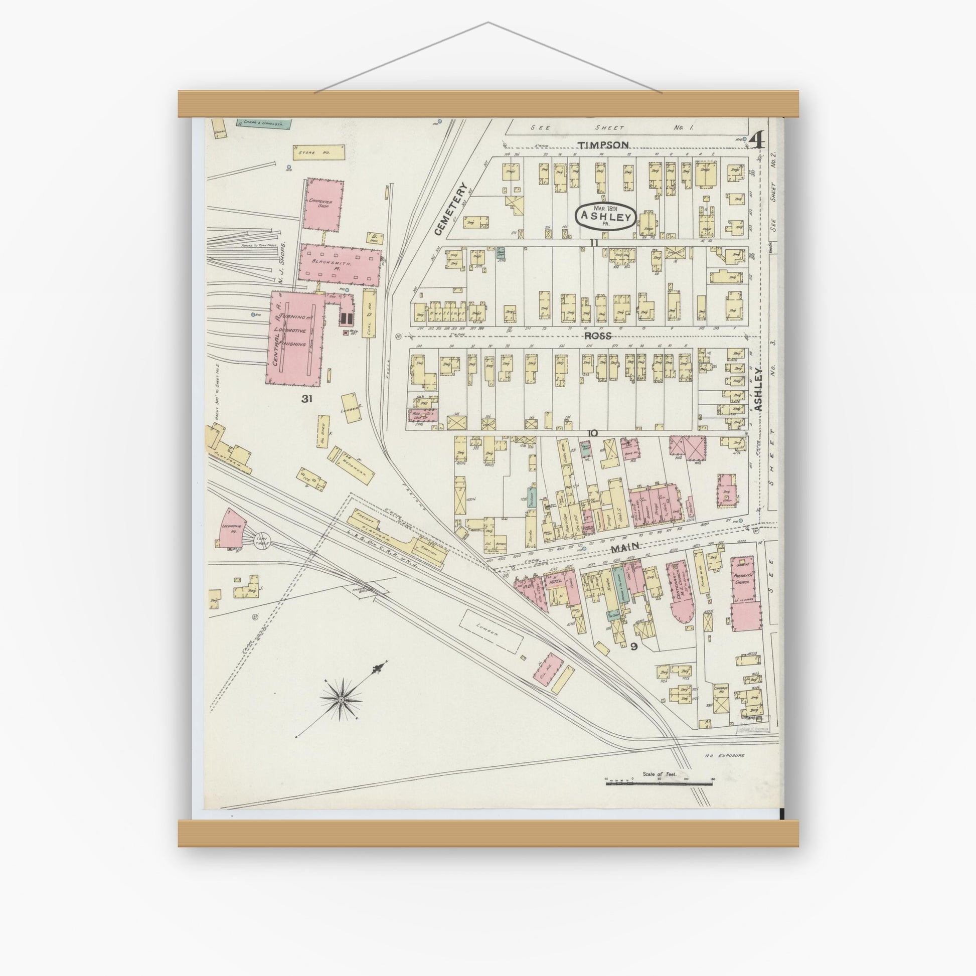Old map wall art mockup — magnetic wood frame on white wall — Sanborn Fire Insurance Map from Ashley, Luzerne County, Pennsylvania (1891), Sheet #0004