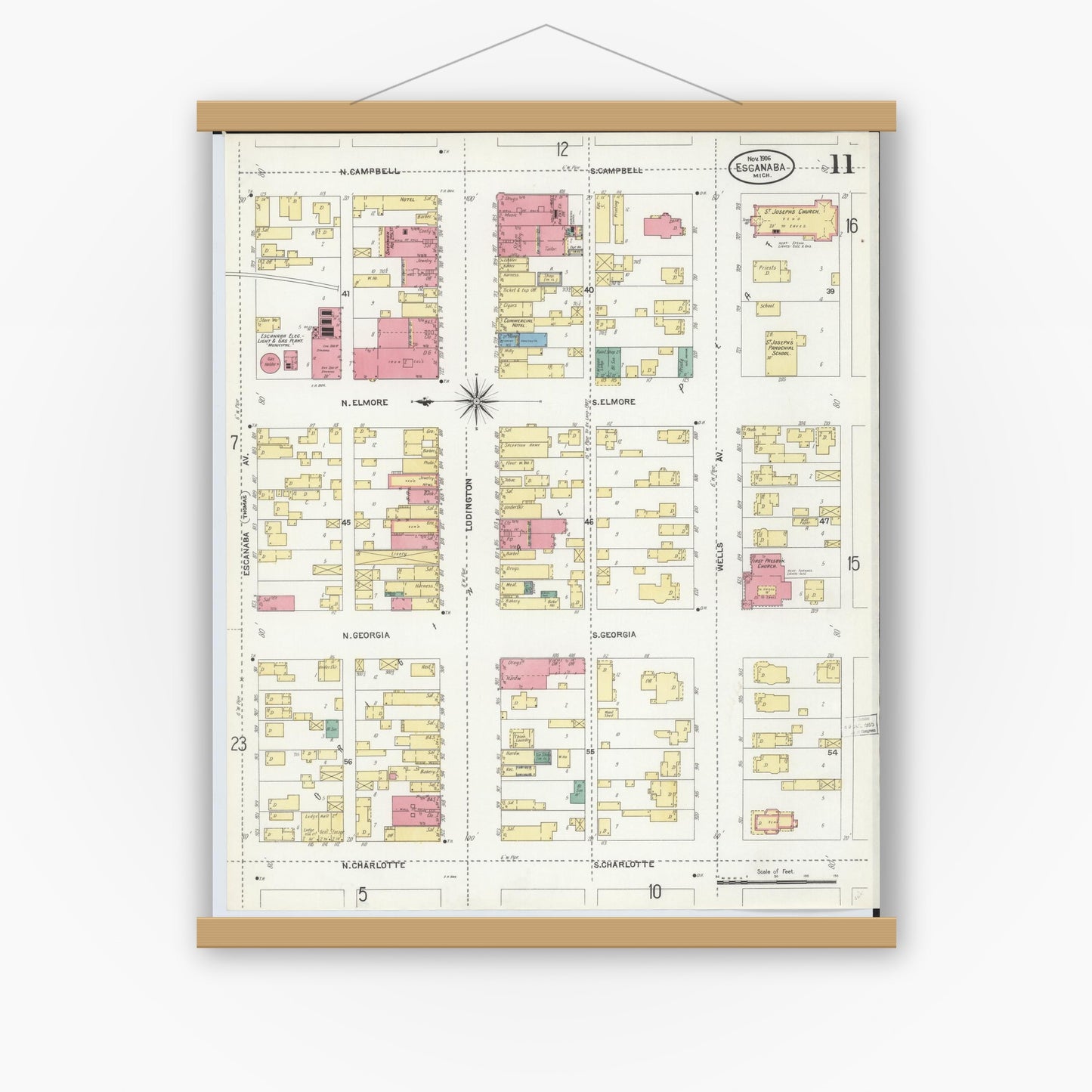 Old map wall art mockup — magnetic wood frame on white wall — Sanborn Fire Insurance Map from Escanaba, Delta County, Michigan (1906), Sheet #0011