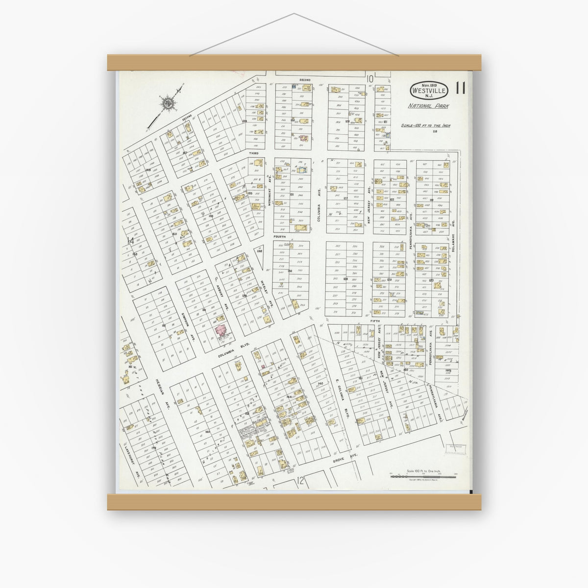 Old map wall art mockup — magnetic wood frame on white wall — Sanborn Fire Insurance Map from Westville, Gloucester County, New Jersey (1919), Sheet #0011