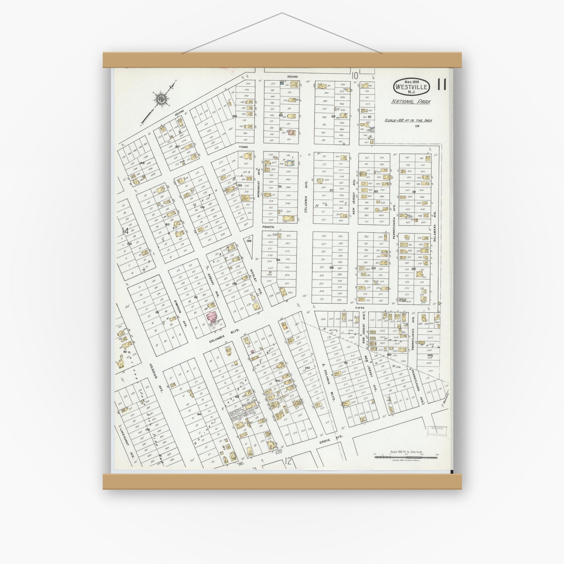 Old map wall art mockup — magnetic wood frame on white wall — Sanborn Fire Insurance Map from Westville, Gloucester County, New Jersey (1919), Sheet #0011