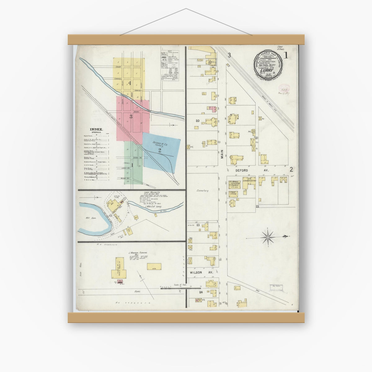 Old map wall art mockup — magnetic wood frame on white wall — Sanborn Fire Insurance Map from Luray, Page County, Virginia (1897) - Complete Map Set
