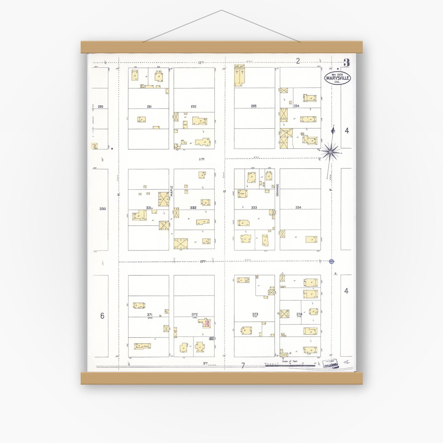 Old map wall art mockup — magnetic wood frame on white wall — Sanborn Fire Insurance Map from Marysville, Yuba County, California (1909), Sheet #0003