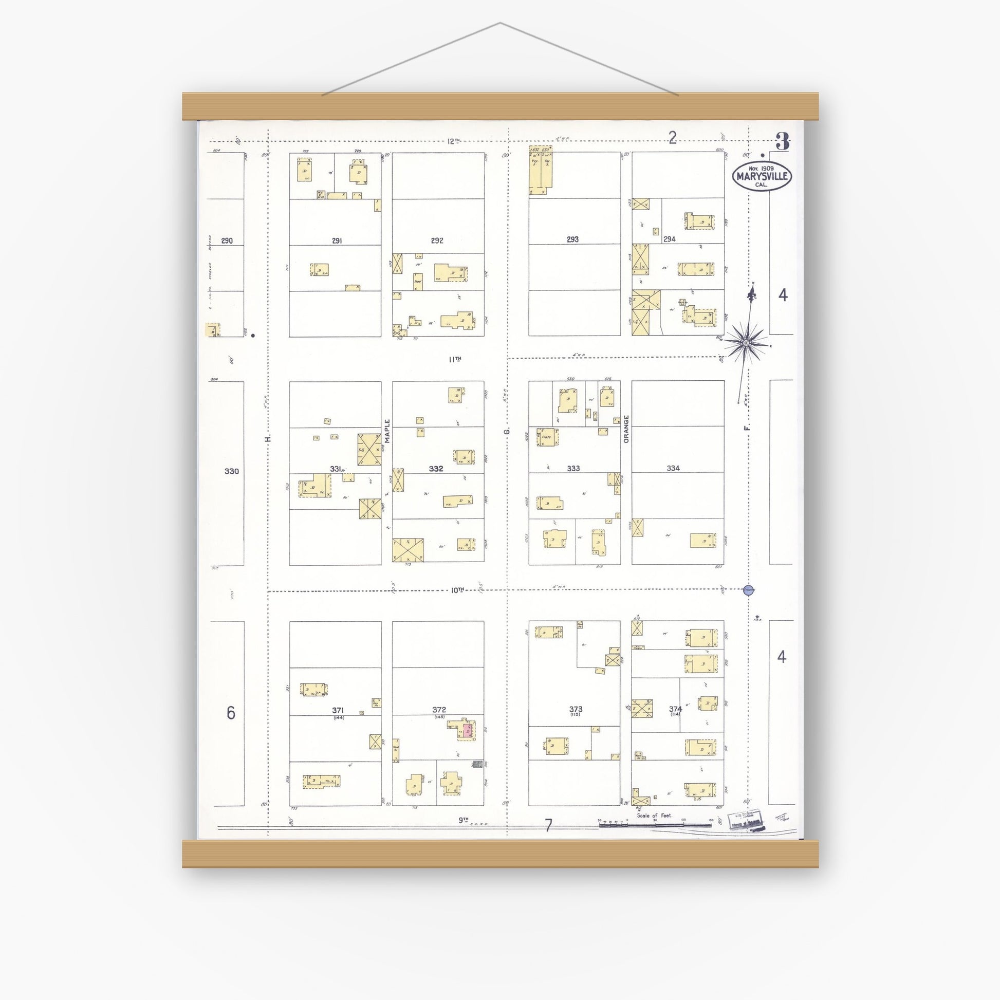 Old map wall art mockup — magnetic wood frame on white wall — Sanborn Fire Insurance Map from Marysville, Yuba County, California (1909), Sheet #0003