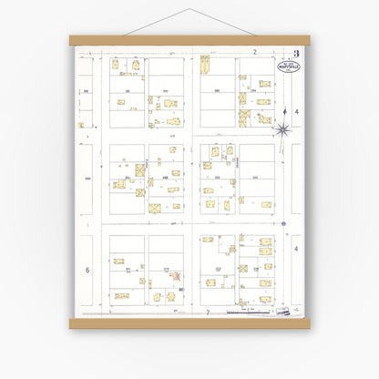 Old map wall art mockup — magnetic wood frame on white wall — Sanborn Fire Insurance Map from Marysville, Yuba County, California (1909), Sheet #0003
