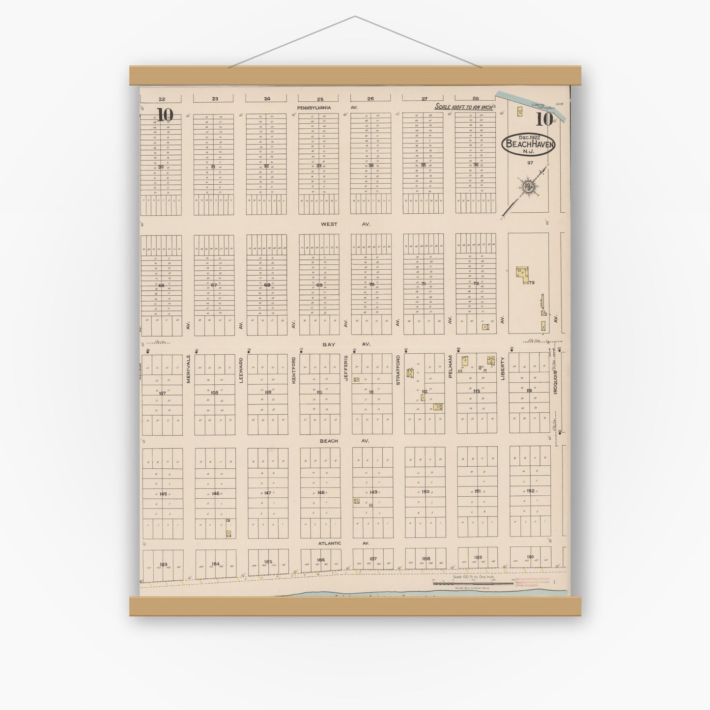 Old map wall art mockup — magnetic wood frame on white wall — Sanborn Fire Insurance Map from Beach Haven, Ocean County, New Jersey (1922), Sheet #0010
