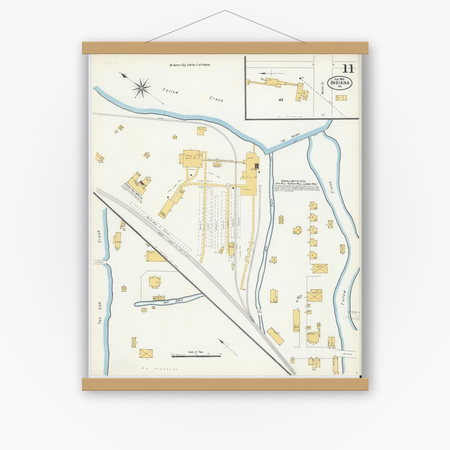 Old map wall art mockup — magnetic wood frame on white wall — Sanborn Fire Insurance Map from Indiana, Indiana County, Pennsylvania (1903), Sheet #0011