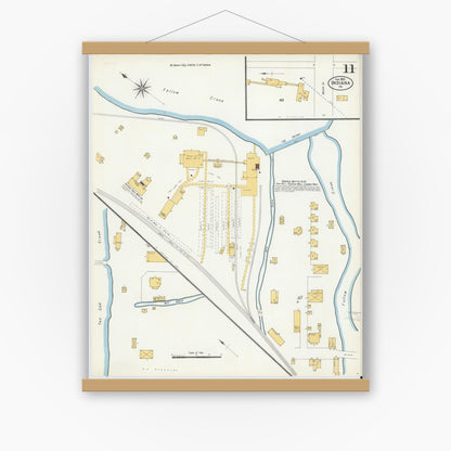 Old map wall art mockup — magnetic wood frame on white wall — Sanborn Fire Insurance Map from Indiana, Indiana County, Pennsylvania (1903), Sheet #0011