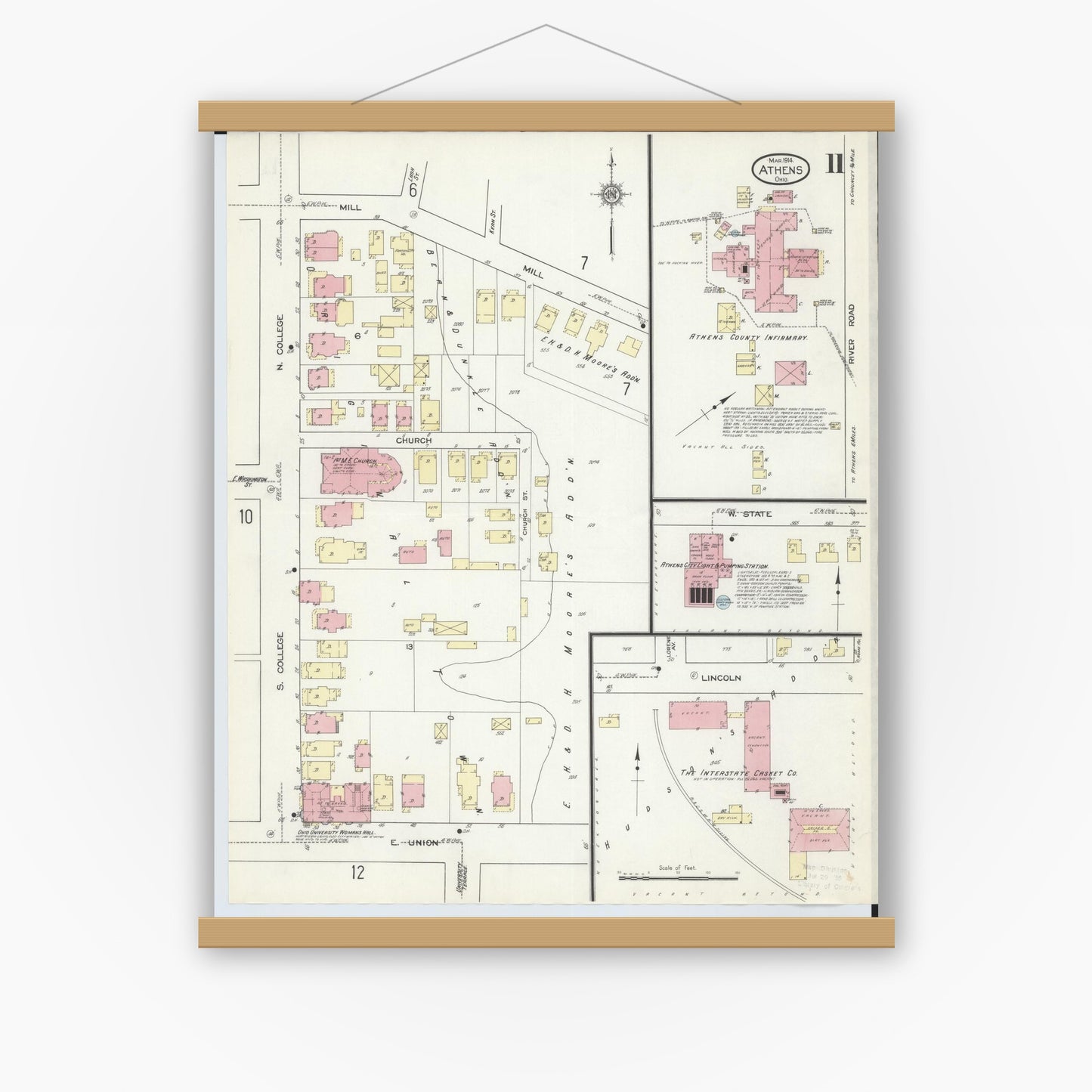 Old map wall art mockup — magnetic wood frame on white wall — Sanborn Fire Insurance Map from Athens, Athens County, Ohio (1914), Sheet #0011