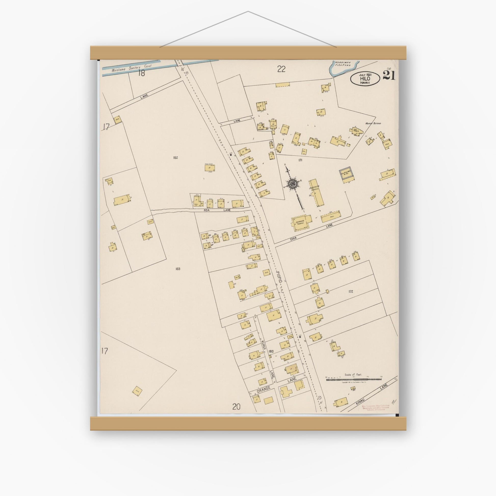 Old map wall art mockup — magnetic wood frame on white wall — Sanborn Fire Insurance Map from Hilo, Hawaii County, Hawaii (1921), Sheet #0021