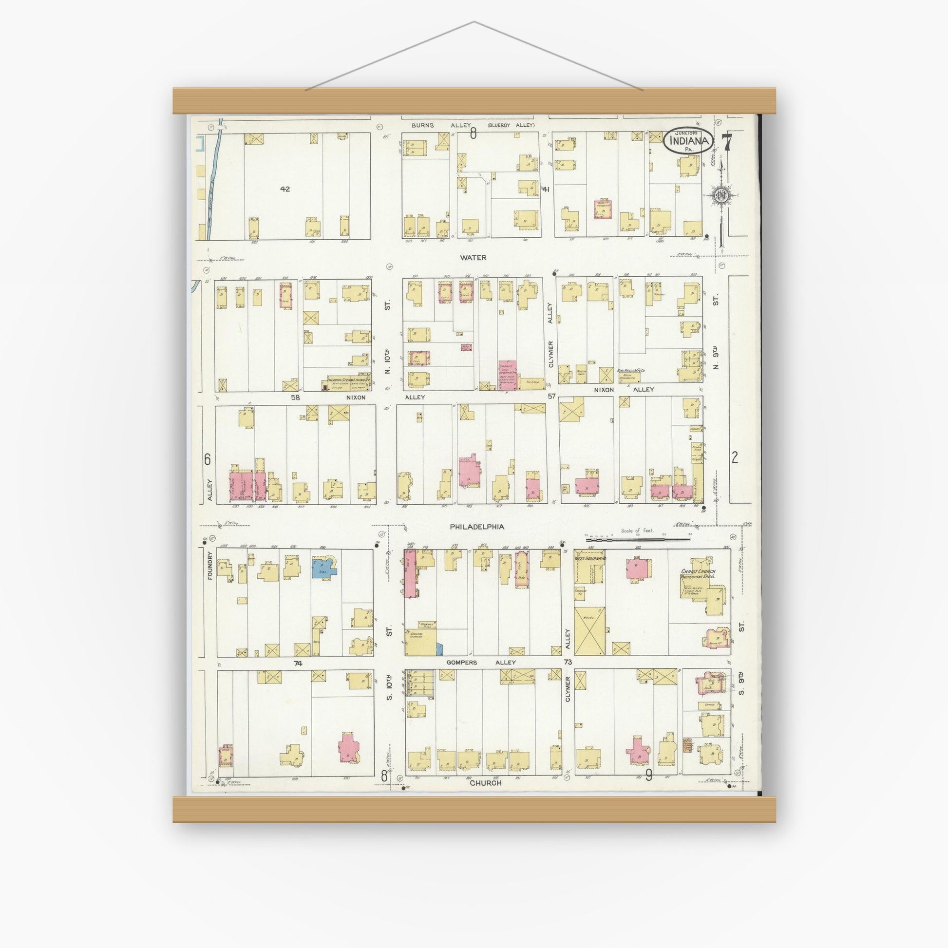 Old map wall art mockup — magnetic wood frame on white wall — Sanborn Fire Insurance Map from Indiana, Indiana County, Pennsylvania (1916), Sheet #0007