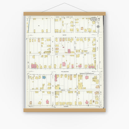 Old map wall art mockup — magnetic wood frame on white wall — Sanborn Fire Insurance Map from Indiana, Indiana County, Pennsylvania (1916), Sheet #0007