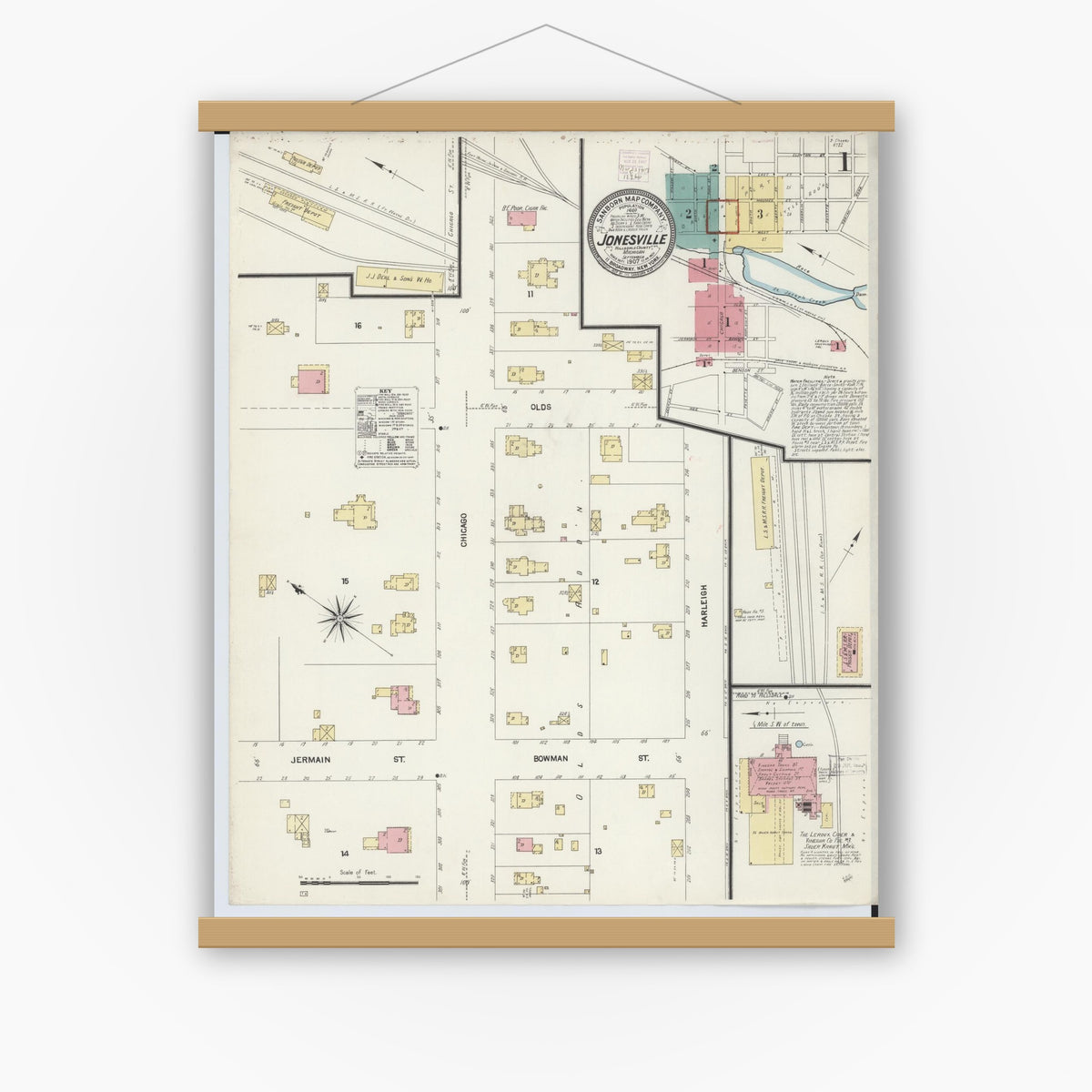 Old map wall art mockup — magnetic wood frame on white wall — Sanborn Fire Insurance Map from Jonesville, Hillsdale County, Michigan (1907), Sheet #0001