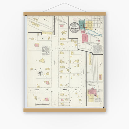 Old map wall art mockup — magnetic wood frame on white wall — Sanborn Fire Insurance Map from Jonesville, Hillsdale County, Michigan (1907), Sheet #0001