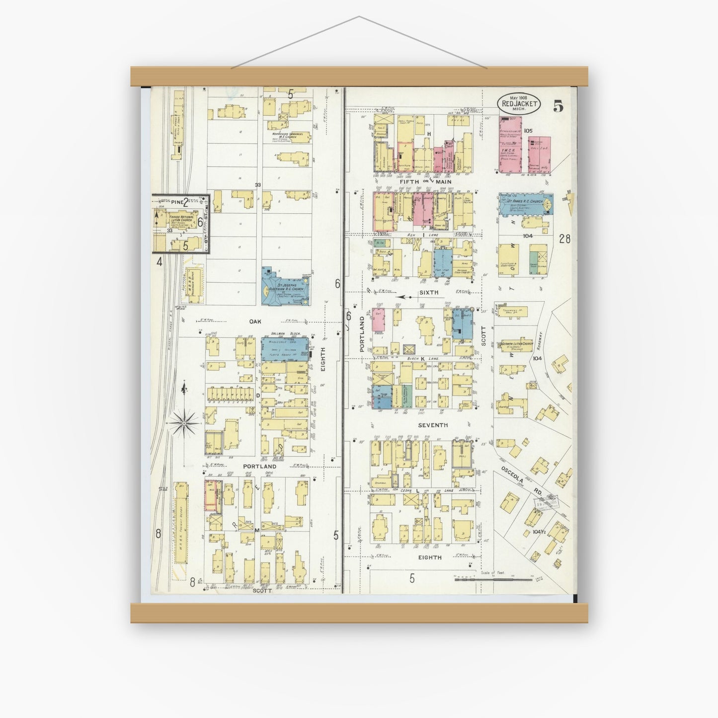 Old map wall art mockup — magnetic wood frame on white wall — Sanborn Fire Insurance Map from Red Jacket, Houghton County, Michigan (1908), Sheet #0005