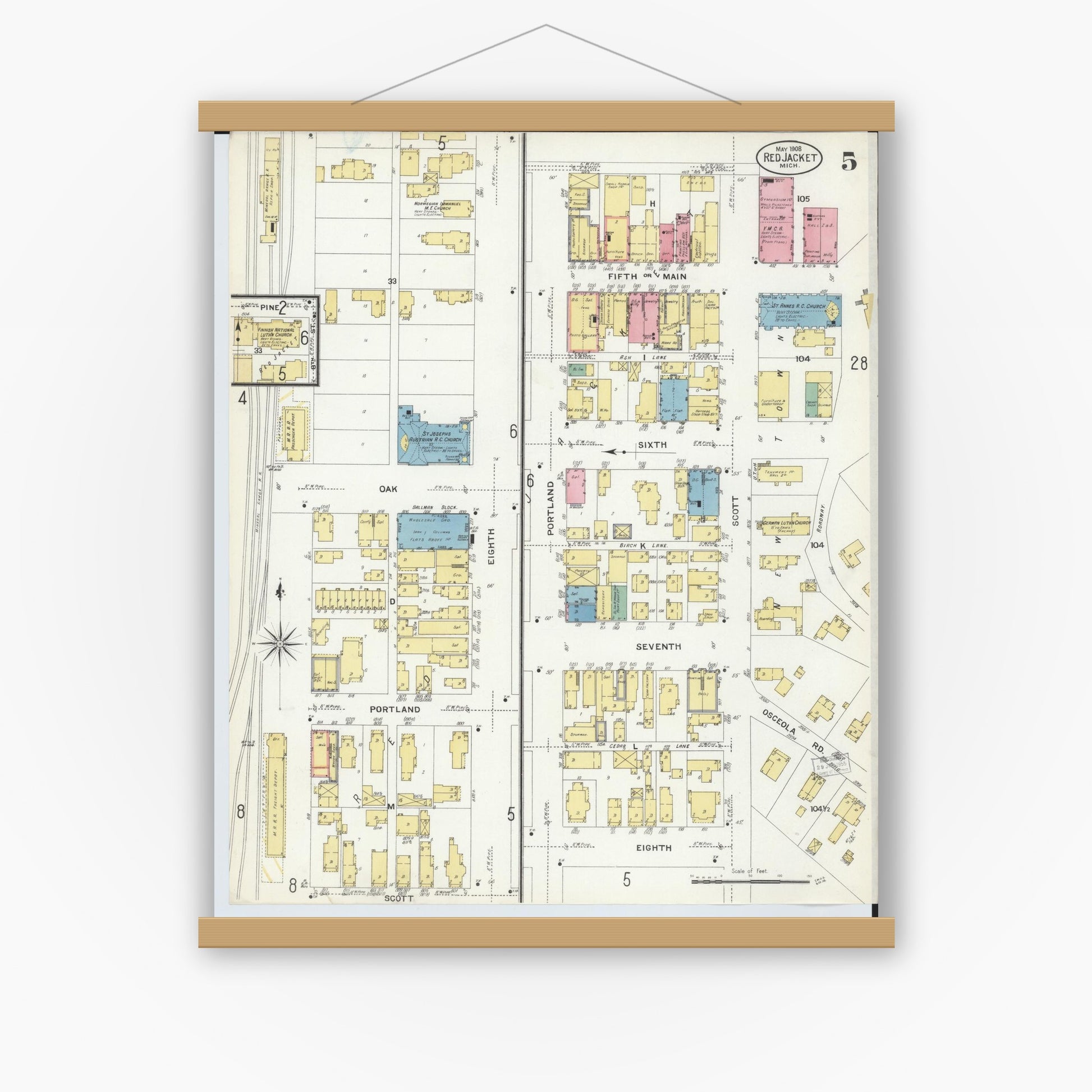 Old map wall art mockup — magnetic wood frame on white wall — Sanborn Fire Insurance Map from Red Jacket, Houghton County, Michigan (1908), Sheet #0005